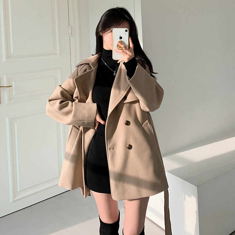 Women's Retro Fashion Elegance All-match Loose Collar Lace-up Woolen Coat