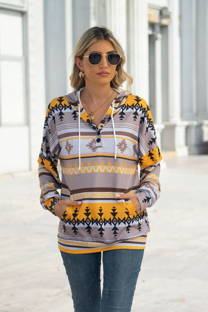 Geometric Pattern Long Sleeve Loose Hooded Button Pocket Sweatshirt