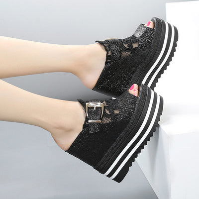 Summer Hyper Glitter Heel Slippers Female Summer Thick Bottom Waterproof Table Slope With Women's Shoes Heighten Fish Mouth Cool Drag Female