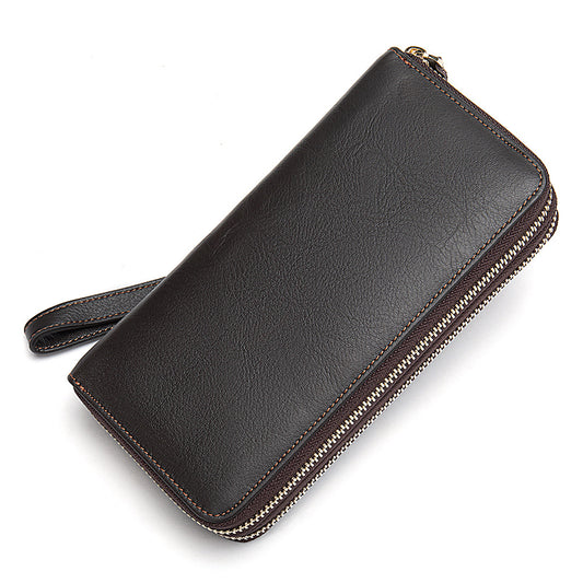 Men's Double Zipper Wallet Long First Layer Cowhide Large-capacity Handbag