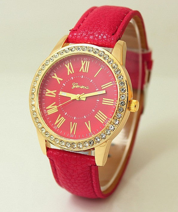 Women's Leather Band Geneva Roman Numerals Rhinestone Quartz Wrist Watch