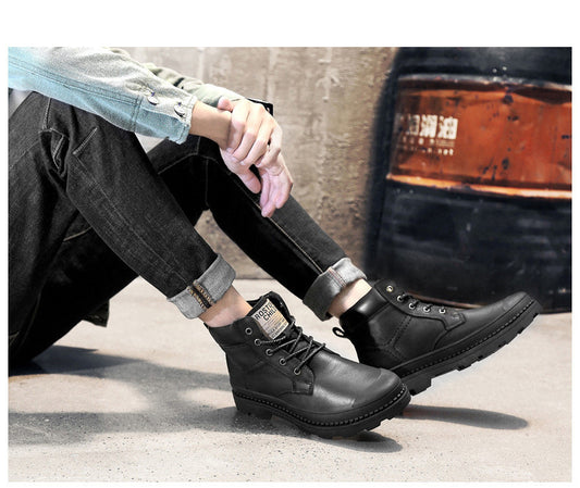 Leather high-top casual shoes