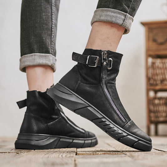 Snow Black British Round Toe and Velvet Mid-Top Tide Shoes