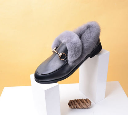 Flat warm cotton shoes with rabbit fur