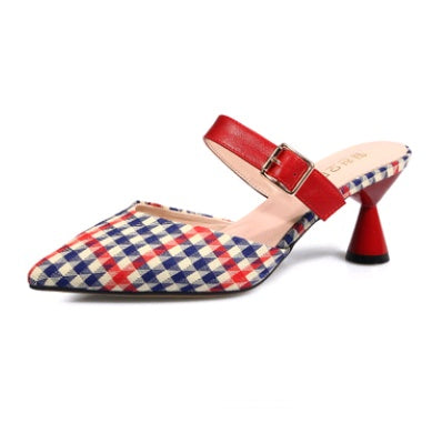 Spring and summer new Korean version of the plaid Baotou half slippers female pointed sandals and slippers high-heeled thick with wild women's shoes