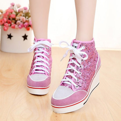 Korean version of high-top casual shoes, women's leather high-heeled shoes, large size women's shoes