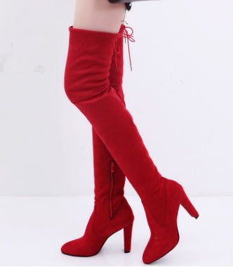 new pointed thick high heel women's boots foreign trade side zipper thin leg straps over the knee boots large size elastic boots