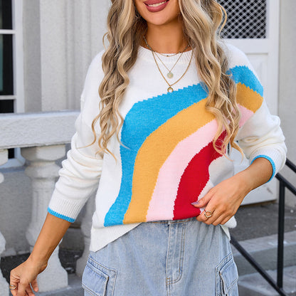 Women's Patchwork Rainbow Striped Fashion Sweater