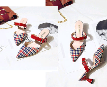 Spring and summer new Korean version of the plaid Baotou half slippers female pointed sandals and slippers high-heeled thick with wild women's shoes