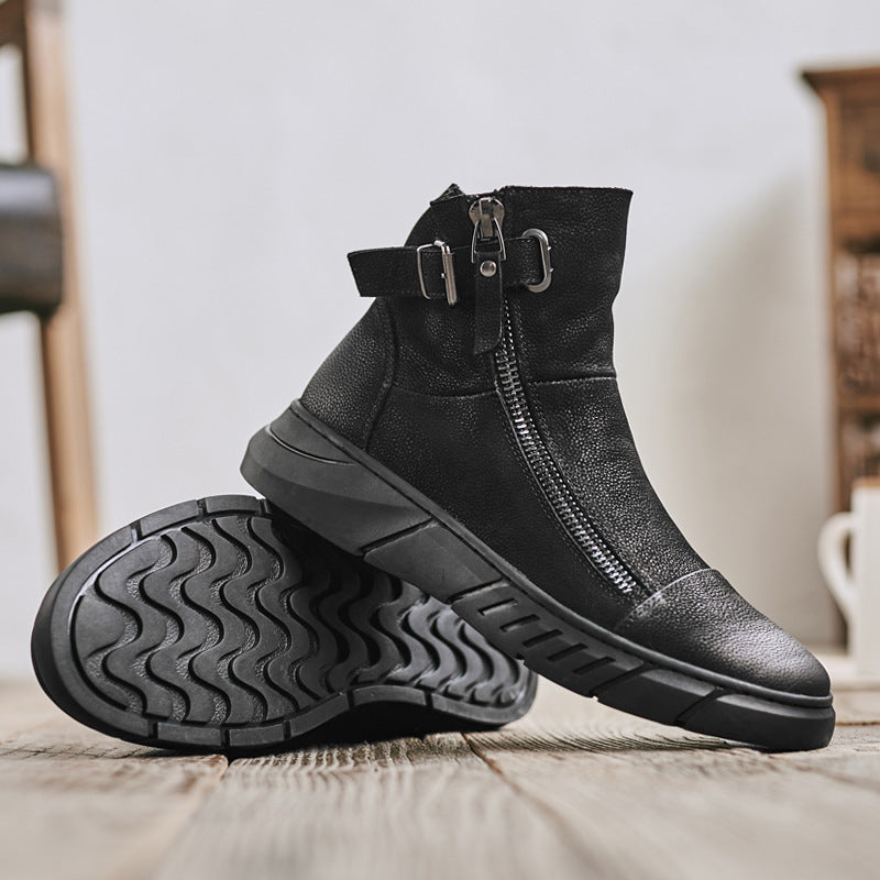 Snow Black British Round Toe and Velvet Mid-Top Tide Shoes