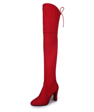 new pointed thick high heel women's boots foreign trade side zipper thin leg straps over the knee boots large size elastic boots