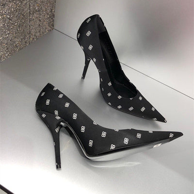 Pointed BB letter printed stiletto shoes