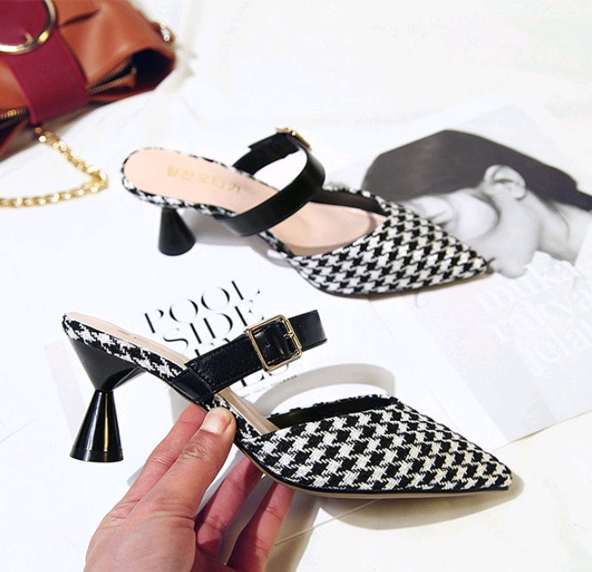 Spring and summer new Korean version of the plaid Baotou half slippers female pointed sandals and slippers high-heeled thick with wild women's shoes