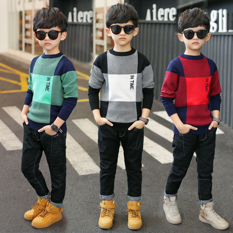 Boys' Casual Large Plaid Sweater, Medium And Large Children's Sweater