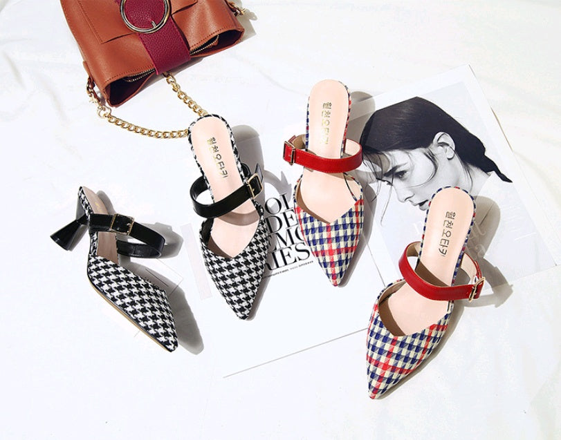 Spring and summer new Korean version of the plaid Baotou half slippers female pointed sandals and slippers high-heeled thick with wild women's shoes