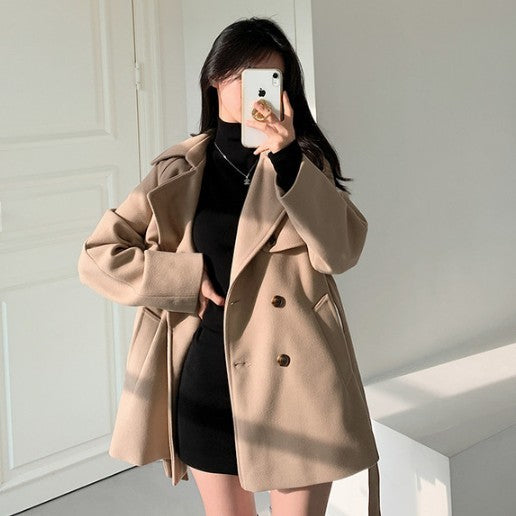 Women's Retro Fashion Elegance All-match Loose Collar Lace-up Woolen Coat