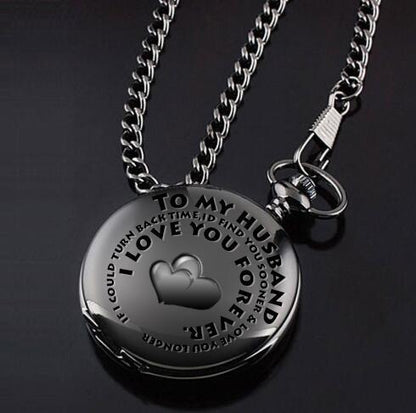 retro black fashion silver smooth steampunk quartz pocket watch stainless steel chain necklace 30 cm for men for women with gift box