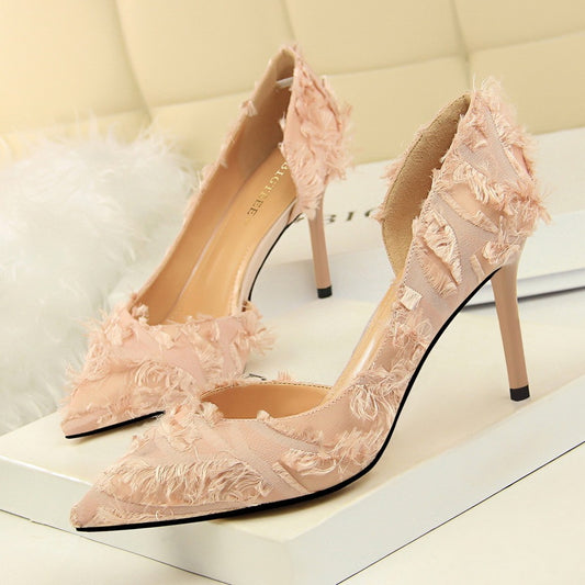 Fashion cloth high heels slim stiletto high heel shallow mouth pointed side hollow single shoes