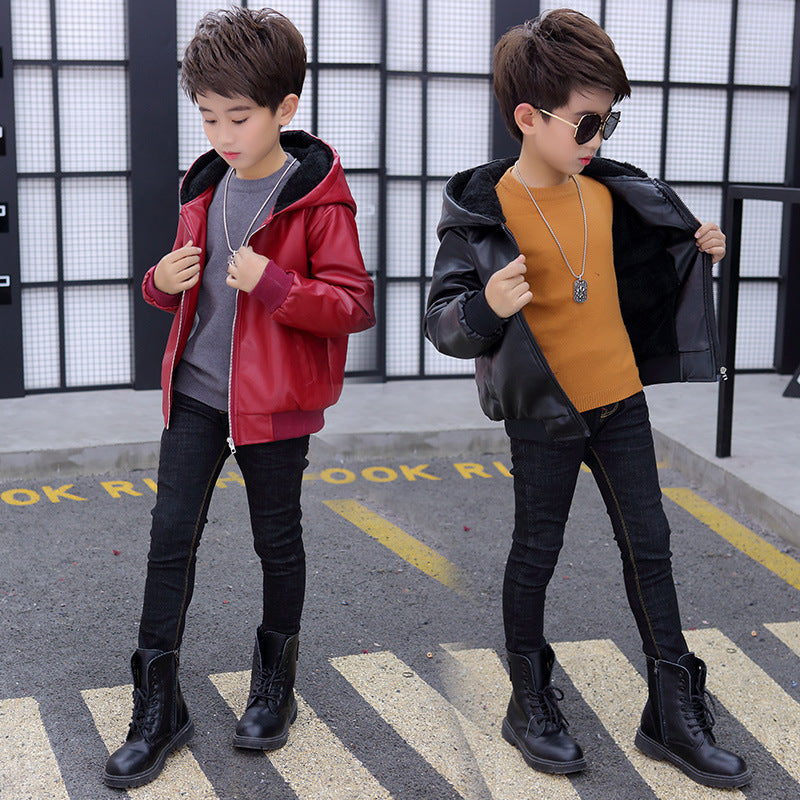 PU Leather Jacket Children's Wear Hooded Padded Coat