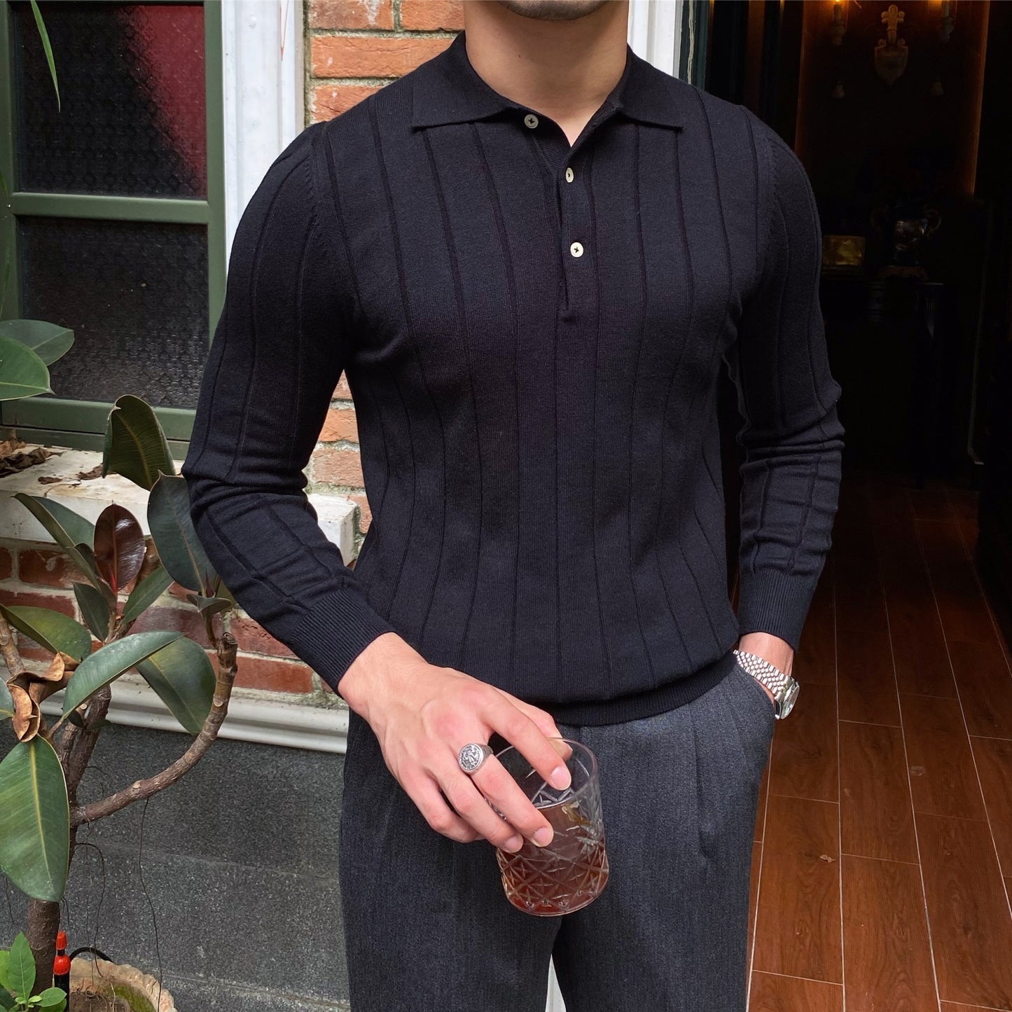 All-matching Slim Fit Knitted Lapel Long-sleeved Shirt