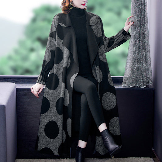 Loose Slimming Mid-length Large Lapel Polka Dot Coat For Women