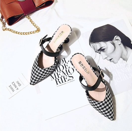 Spring and summer new Korean version of the plaid Baotou half slippers female pointed sandals and slippers high-heeled thick with wild women's shoes