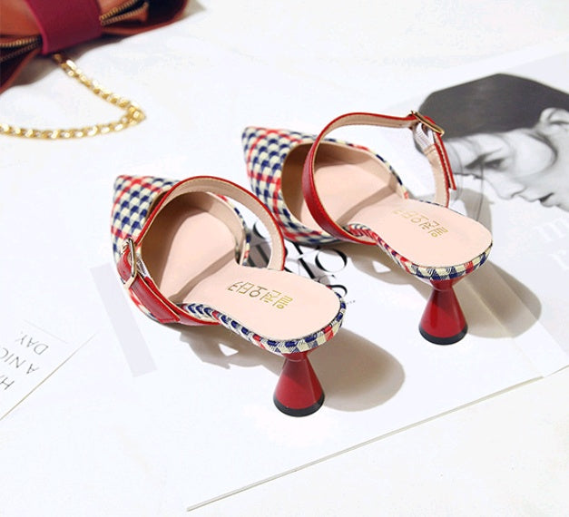 Spring and summer new Korean version of the plaid Baotou half slippers female pointed sandals and slippers high-heeled thick with wild women's shoes