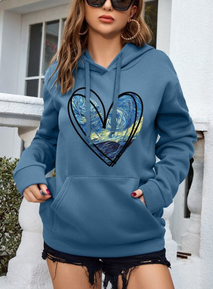 Retro Love Pattern Women's Sheath Hoodie Printed Pullover College Style