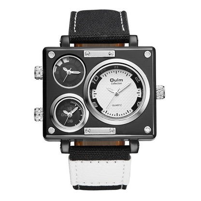 Men's Multi Time Zone Canvas Square Dial Plate Watch
