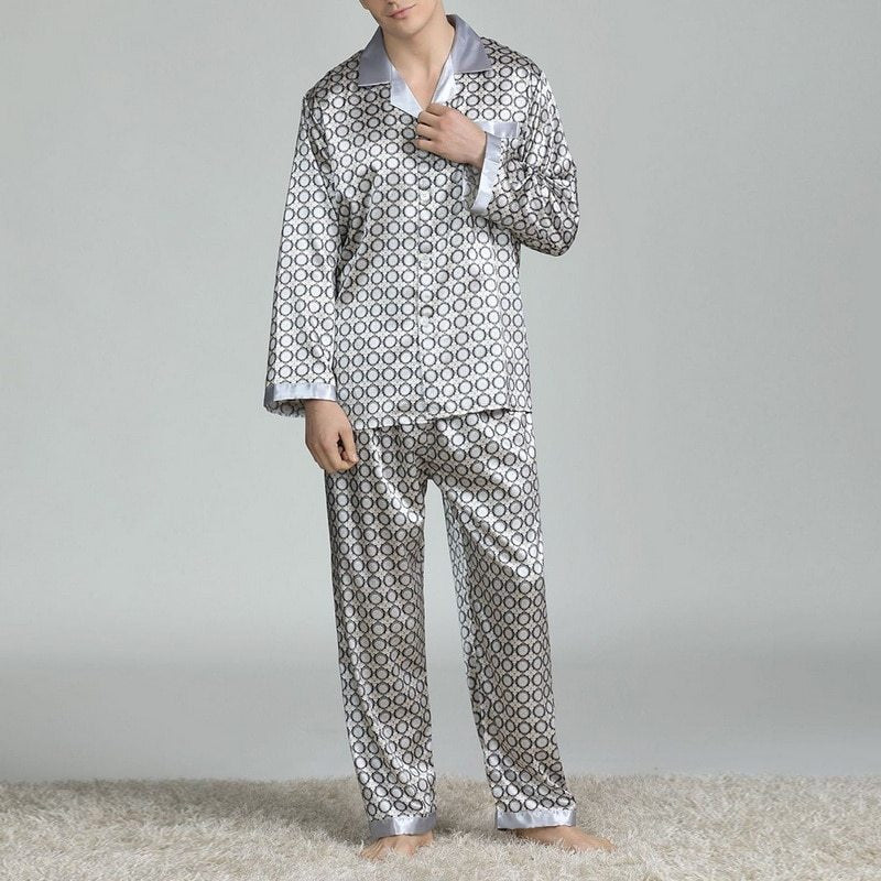 Men's Printed Silk Pajamas Spring And Summer Long-Sleeved Suit