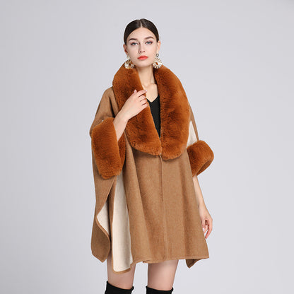 Imitation Rex Rabbit Fur Collar Cape And Shawl Women's Plus Size Loose Woolen Coat