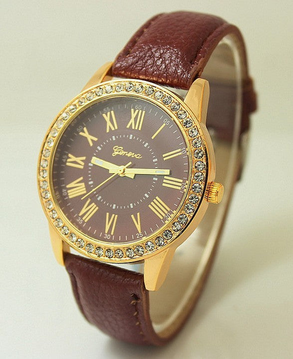 Women's Leather Band Geneva Roman Numerals Rhinestone Quartz Wrist Watch