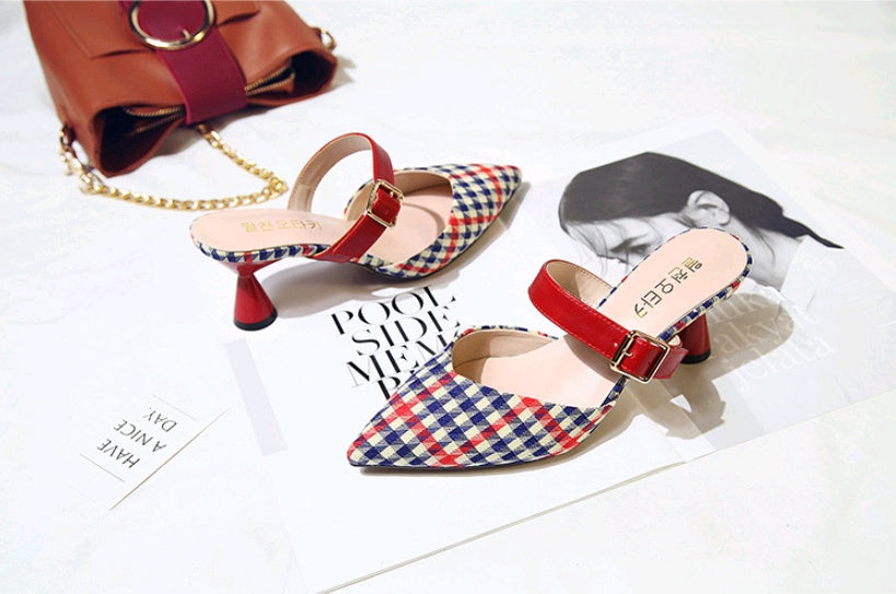 Spring and summer new Korean version of the plaid Baotou half slippers female pointed sandals and slippers high-heeled thick with wild women's shoes