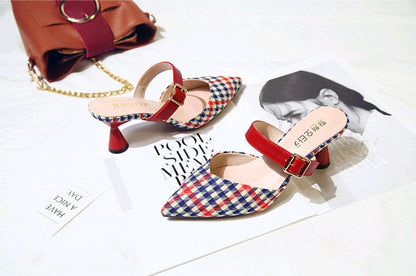 Spring and summer new Korean version of the plaid Baotou half slippers female pointed sandals and slippers high-heeled thick with wild women's shoes