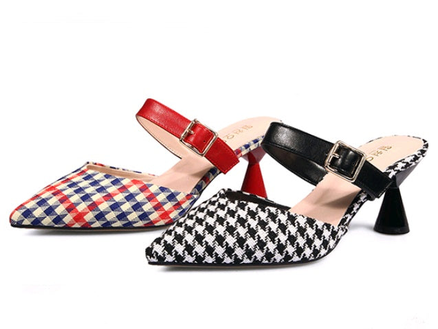 Spring and summer new Korean version of the plaid Baotou half slippers female pointed sandals and slippers high-heeled thick with wild women's shoes