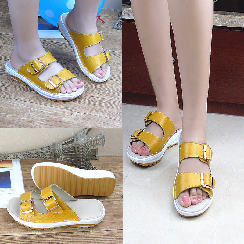 The 2021 summer new leather slope with thick soles muffin with leisure shoes sandals slippers shoes shake