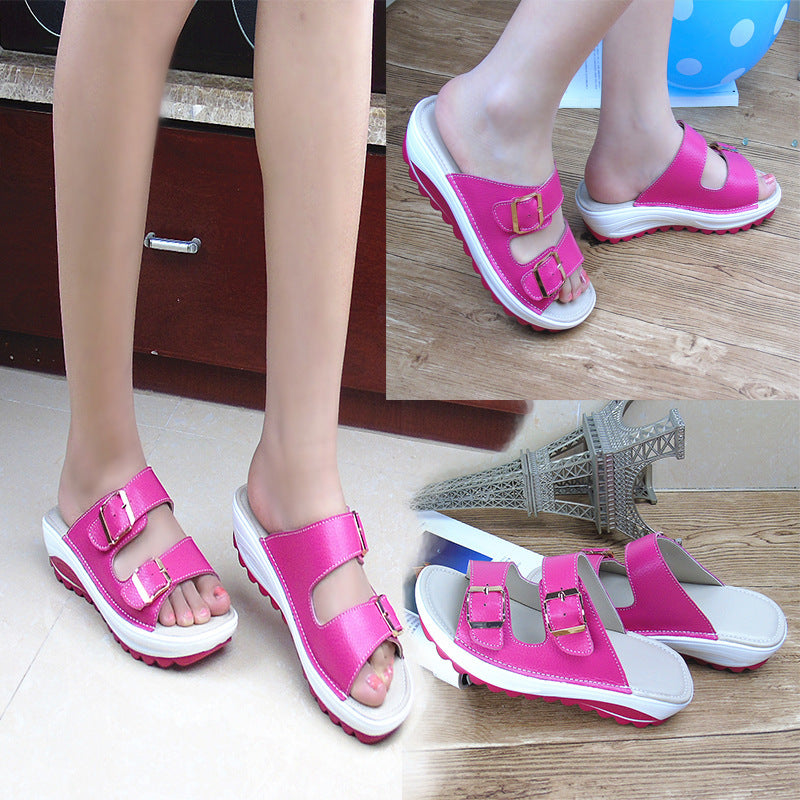 The 2021 summer new leather slope with thick soles muffin with leisure shoes sandals slippers shoes shake