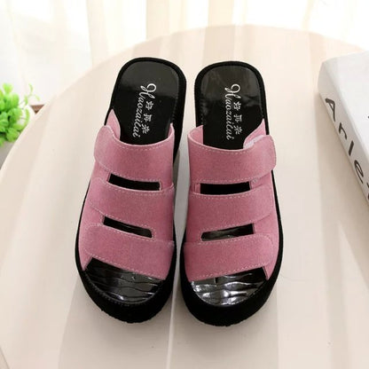 The Korean version of the new spring and summer female slippers Velcro soled sandals with frosted high-heeled platform slope slipper