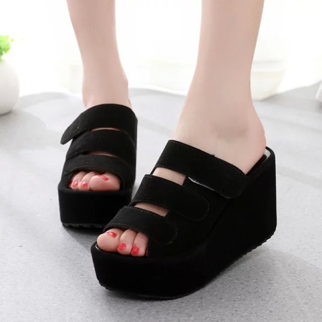 The Korean version of the new spring and summer female slippers Velcro soled sandals with frosted high-heeled platform slope slipper