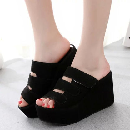 The Korean version of the new spring and summer female slippers Velcro soled sandals with frosted high-heeled platform slope slipper