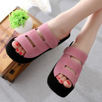 The Korean version of the new spring and summer female slippers Velcro soled sandals with frosted high-heeled platform slope slipper