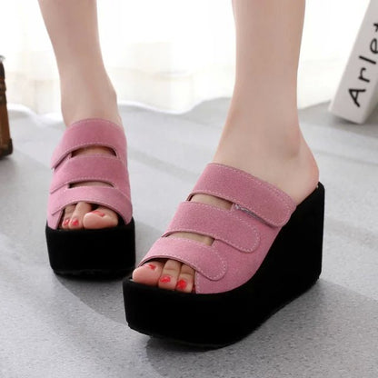 The Korean version of the new spring and summer female slippers Velcro soled sandals with frosted high-heeled platform slope slipper