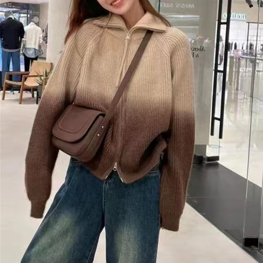 Gradient Color Elegant Knitted Cardigan Lapel Loose Zip Slimming Sweater