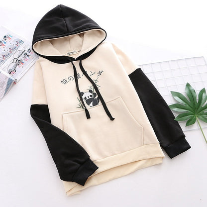 College Style Cute Cartoon Panda Contrast Color Loose Sweater