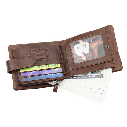First Layer Cowhide Men's Wallet Vintage Zipper Buckle Leather Short Wallet