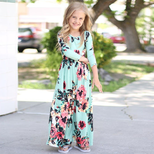 Amazon children's dresses Europe and the United States round neck print girls long skirt eBay AliExpress girls explosion models