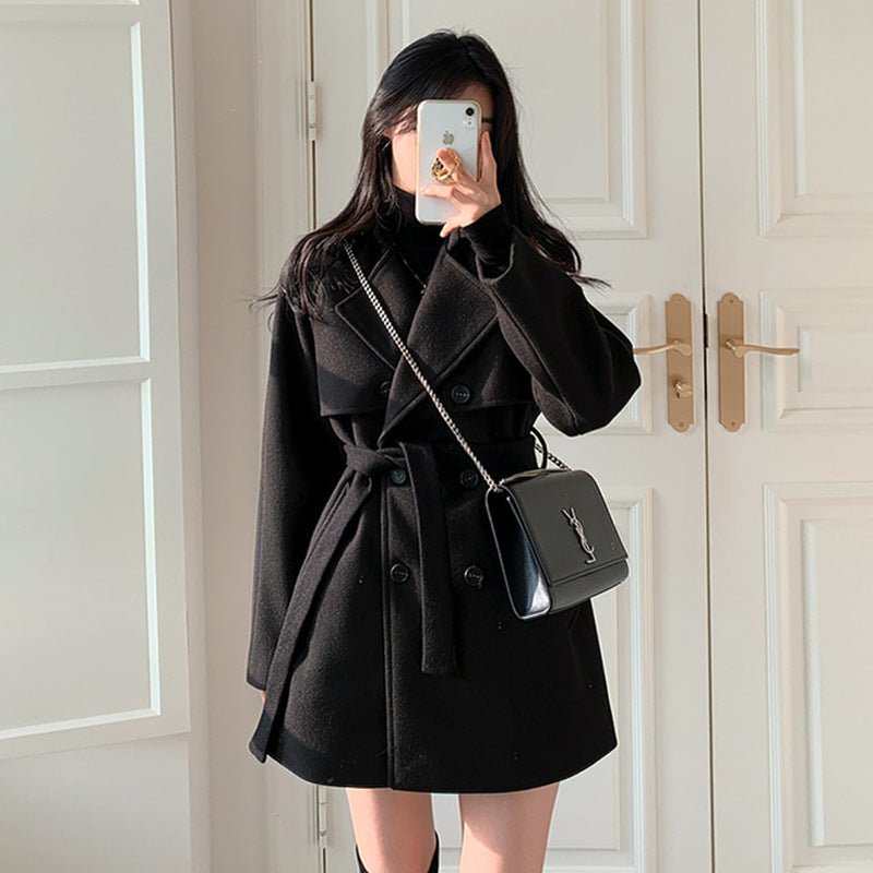 Women's Retro Fashion Elegance All-match Loose Collar Lace-up Woolen Coat