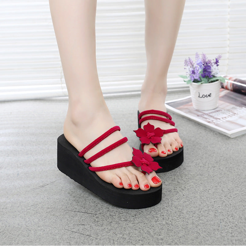 2021 summer new high heels and thick bottom ladies' slippers flowers