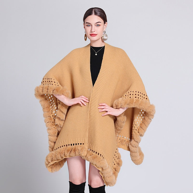 Solid Color Knitted Cape And Shawl Sweater Coat