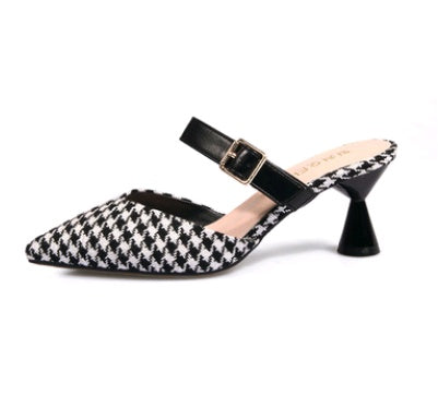 Spring and summer new Korean version of the plaid Baotou half slippers female pointed sandals and slippers high-heeled thick with wild women's shoes